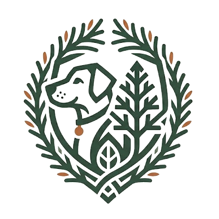 Logo with a dog silhouette surrounded by green leaves and branches on a white background
